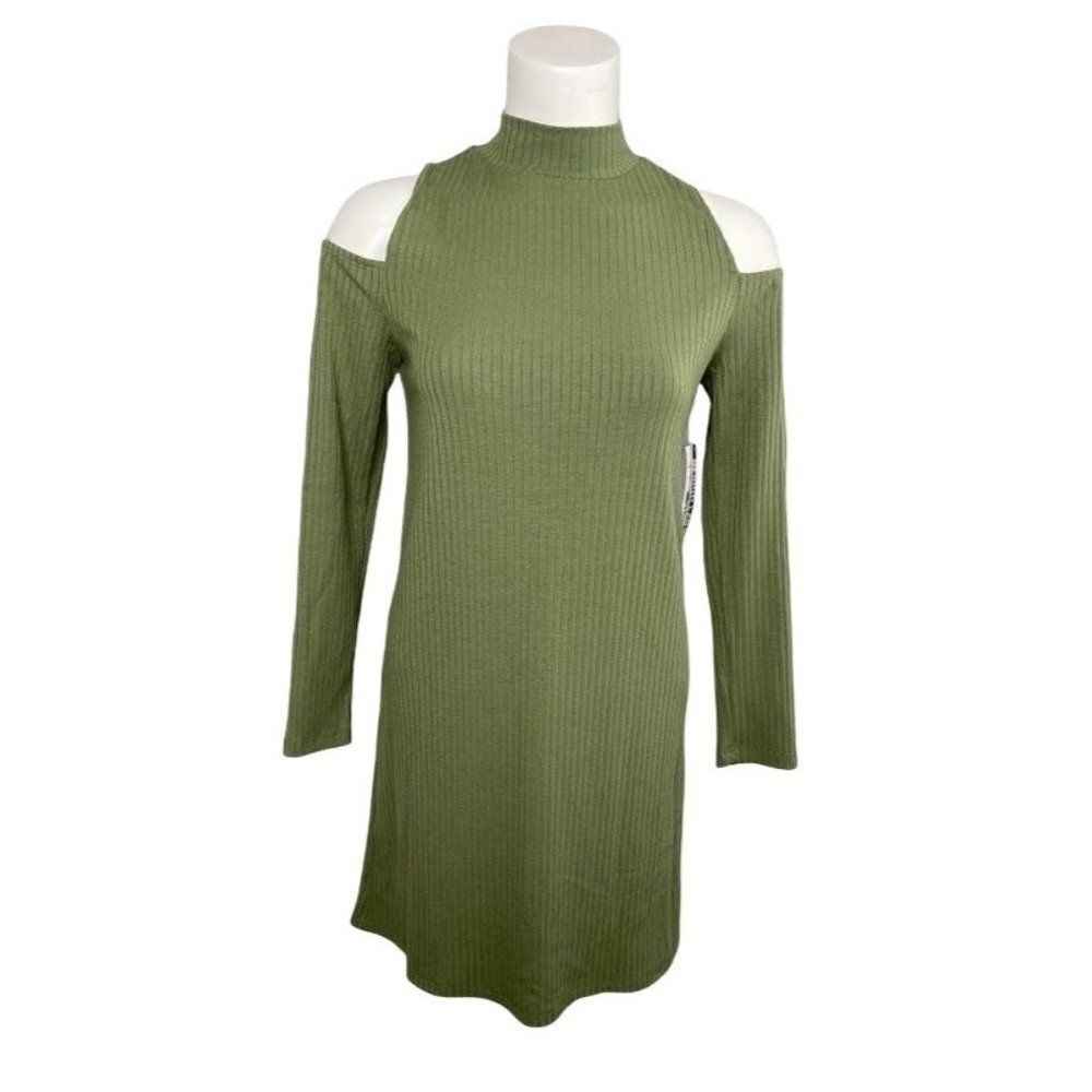 DESIGN LAB Solid Olive Green Cold Shoulder Ribbed Dress‎ Sz Small NEW
